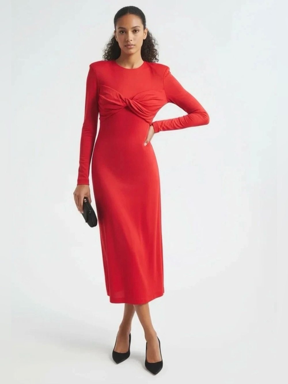 Farm Rio Twisted Cup Red Twist-Front Long Sleeve Midi Dress NEW XXS